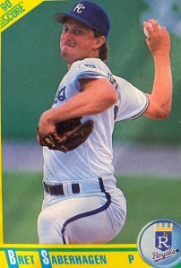 Player card of Brett Saberhagen pitching for the Kansas City Royals.