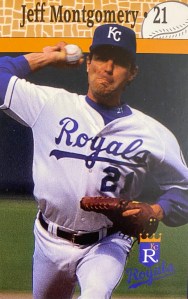 Player card of Jeff Montgomery pitching for the Kansas City Royals.